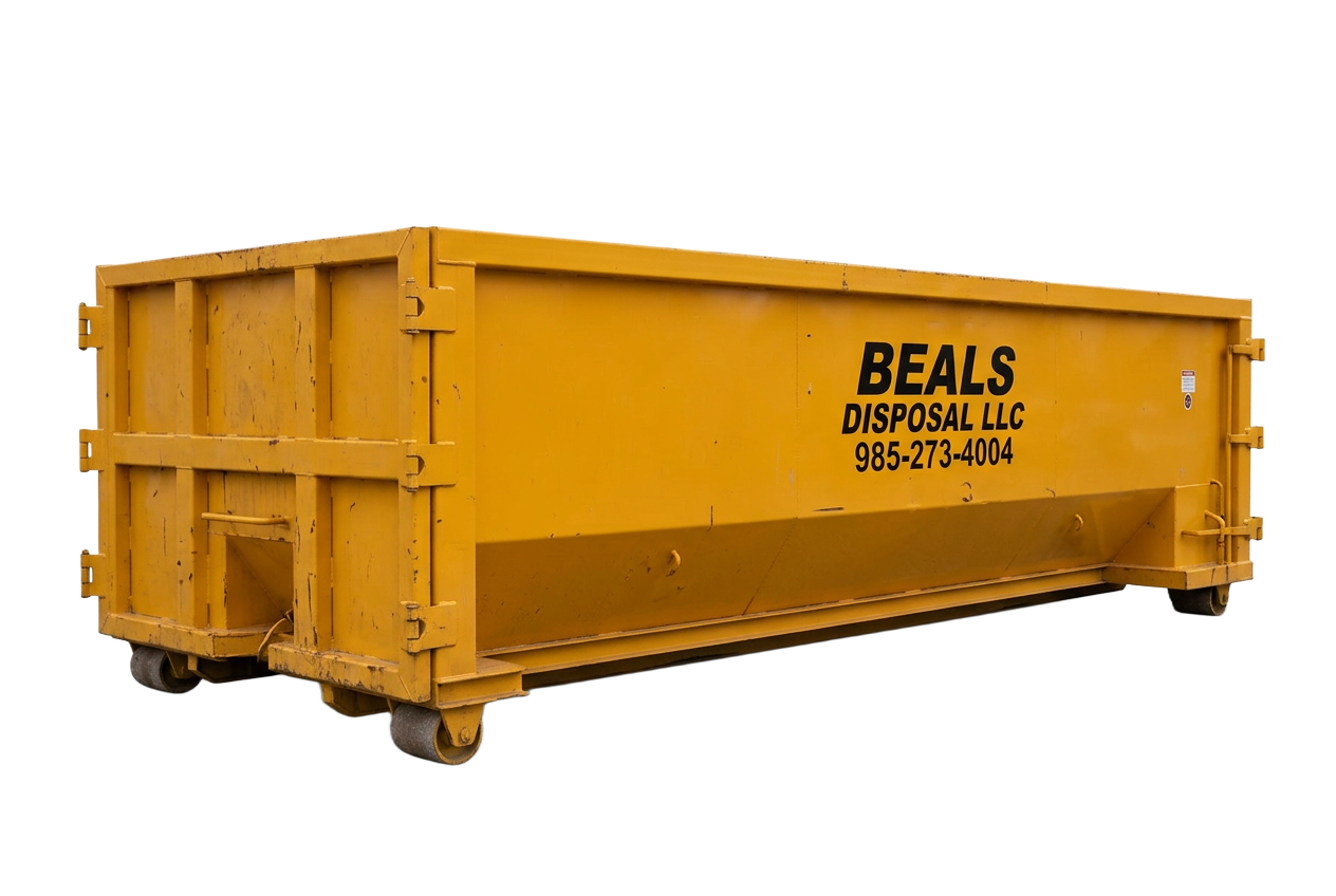 Close-up of a yellow Beals Disposal roll-off dumpster