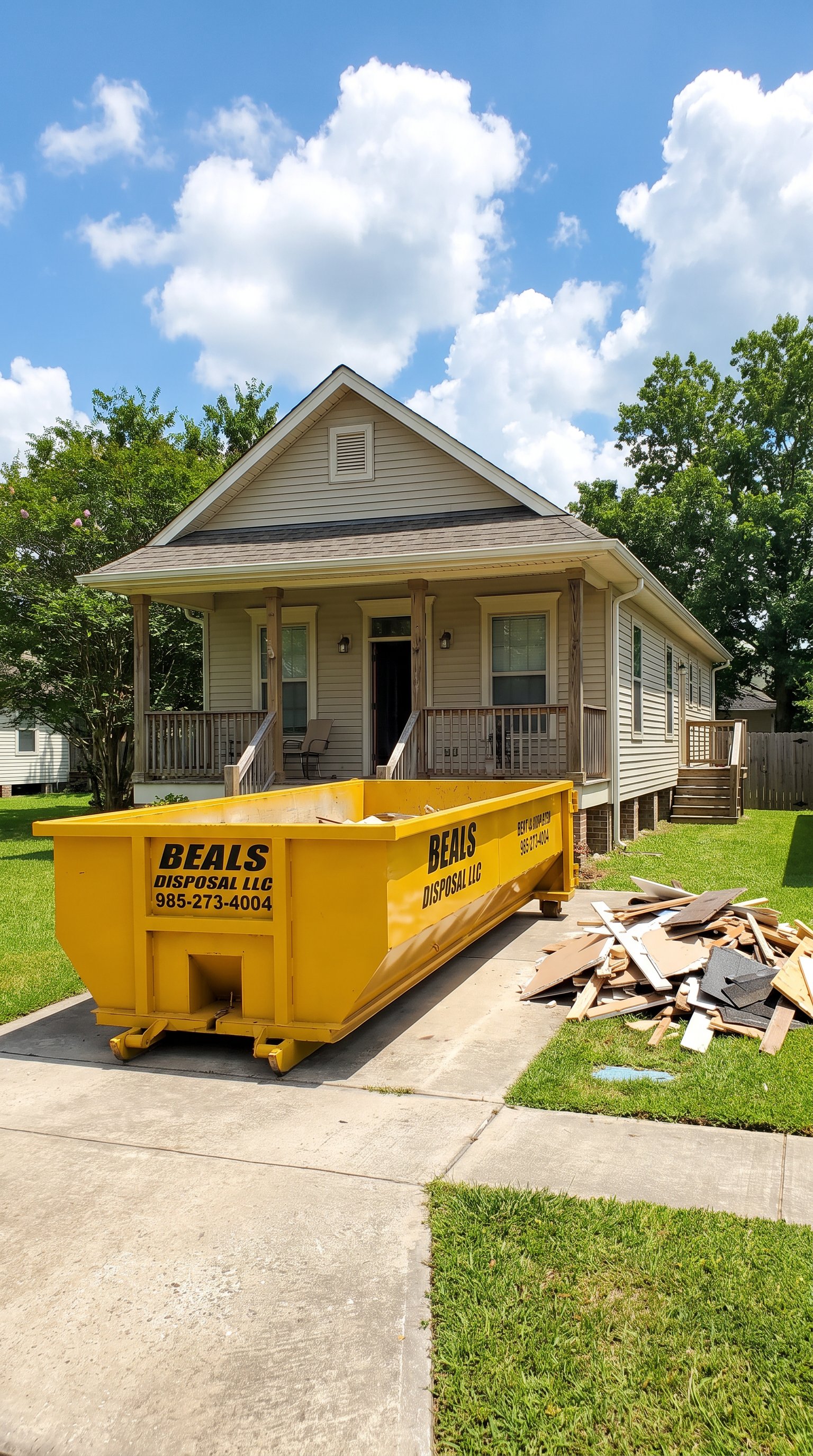 Beals roll-off dumpster in a driveway beside remodeling debris